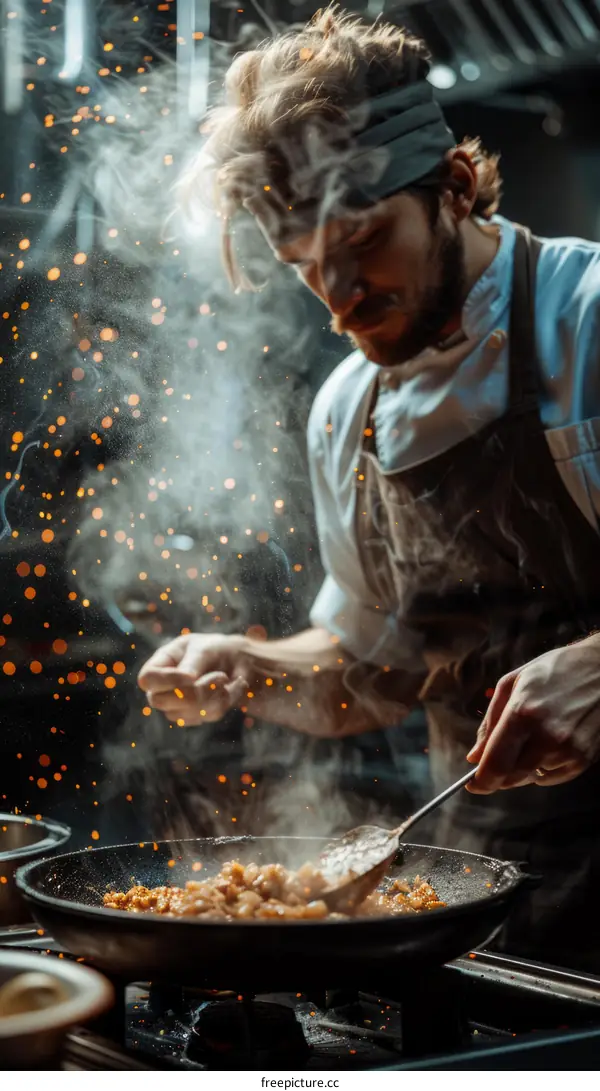 Focused male chef tossing food in a pan