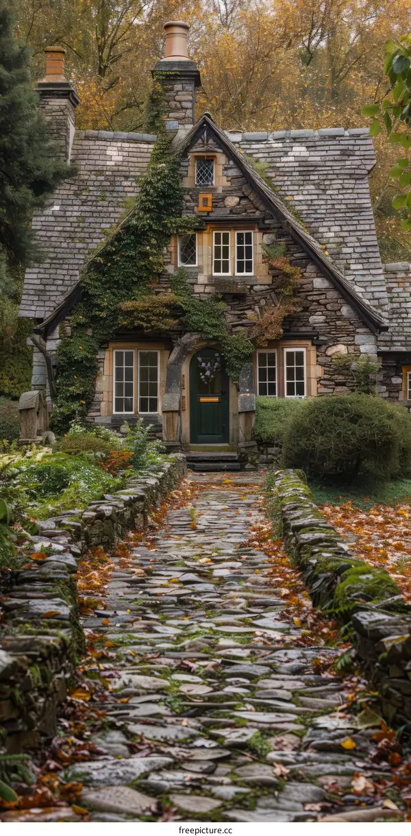 Stone Cottage in the Woods with a Stone Path Leading to the Front Door