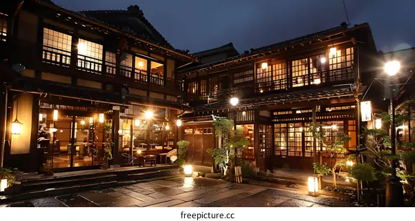 A traditional Japanese courtyard with wooden houses and paper lanterns at night