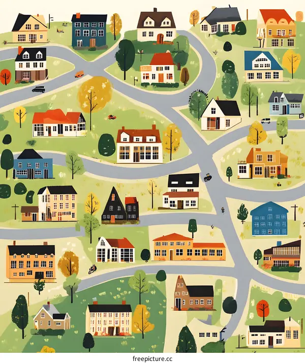 Colorful Illustration of a Small Town with Houses, Trees, and Winding Roads