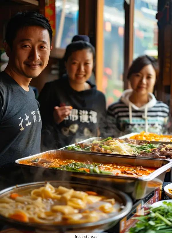 Three happy Chinese people standing behind a table full of food
