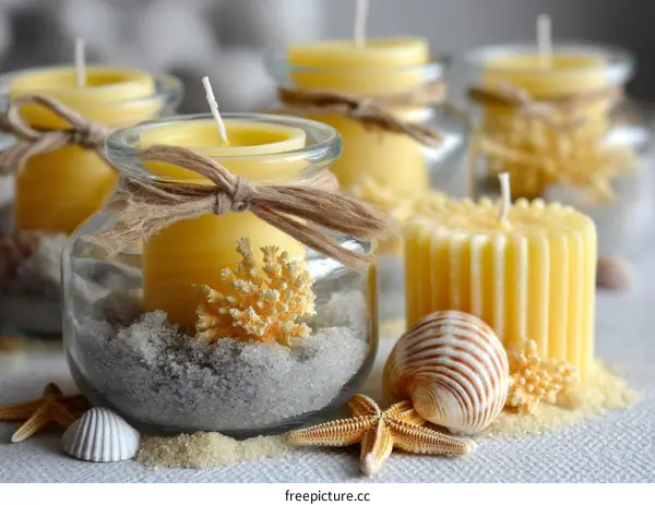 Scented Candles in Glass Jars Decorated with Seashells and Sand