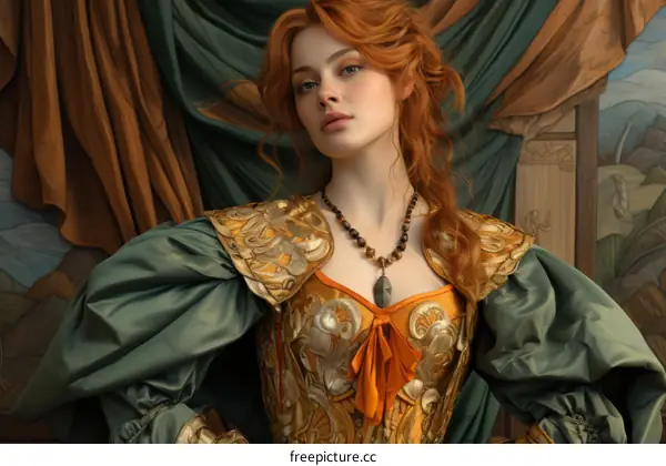 Portrait of a redheaded woman in a green and gold dress