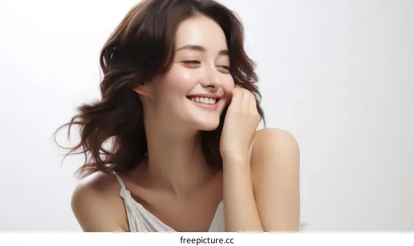 Asian young woman with perfect skin and toothy smile