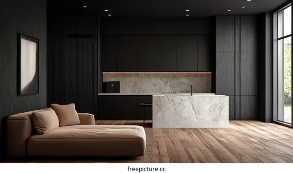 Modern Dark Kitchen Living Area Design Illustration