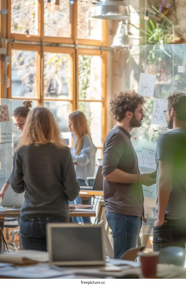 Four people are discussing something in an office