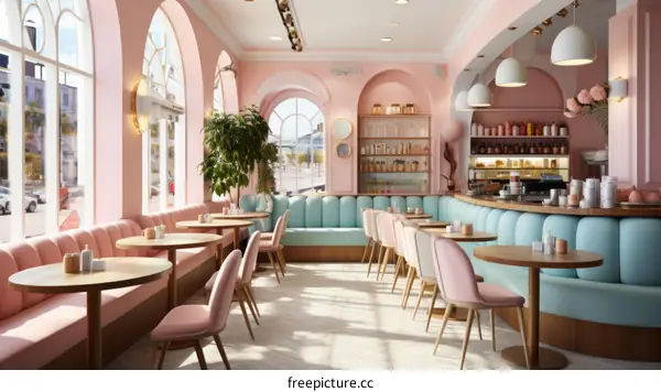 pastel pink and blue retro diner interior