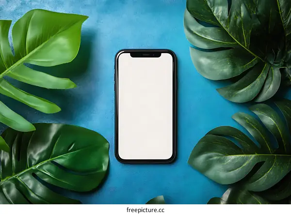 Phone Mockup With Tropical Leaves on Blue Background