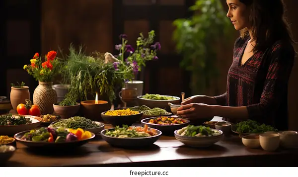 A woman preparing a healthy meal in her cozy kitchen