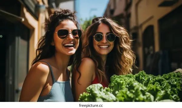Two young women friends laughing and smiling together outdoors in front of a green leafy vegetable stand