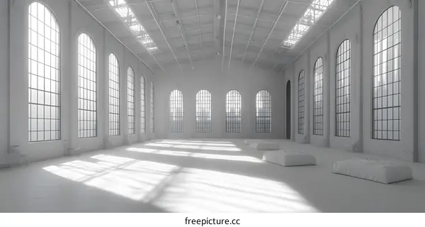 White Warehouse Interior with Large Windows