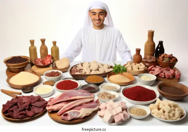 Middle Eastern man with traditional headdress surrounded by various types of food