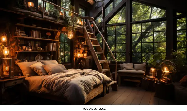 Cozy Treehouse Bedroom with Forest View