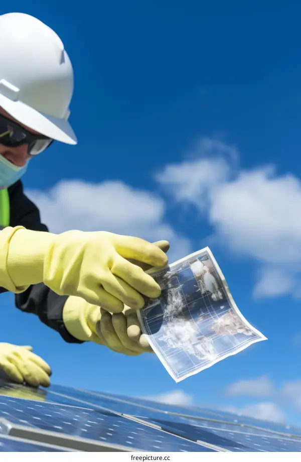 technician inspecting solar panel
