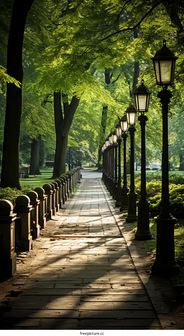 Stone path with lamp posts in a park