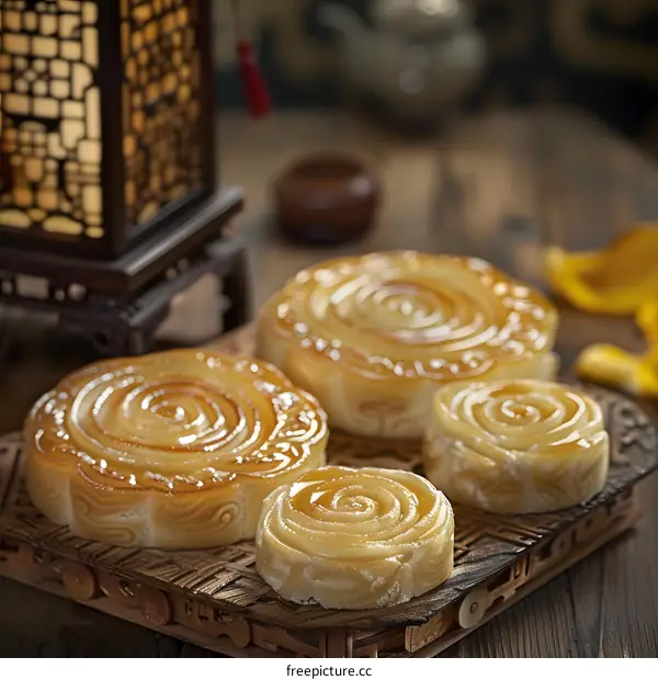 Close Up Of Sweet Pastry Mooncakes Arranged On Wooden Tray