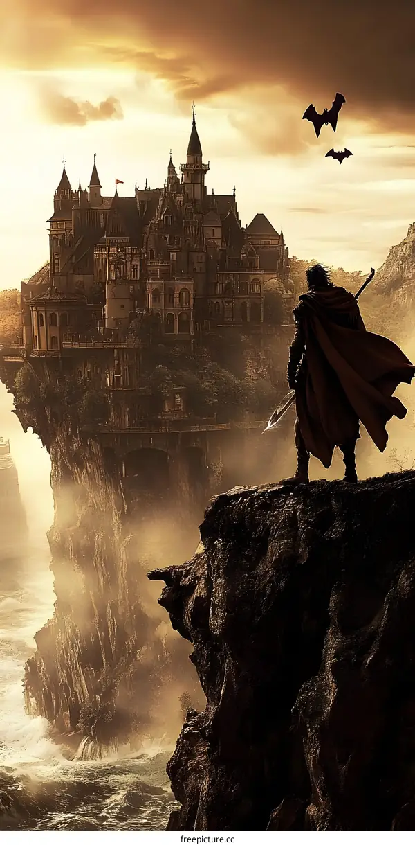Man Standing on Cliff with a Floating Castle in the Background
