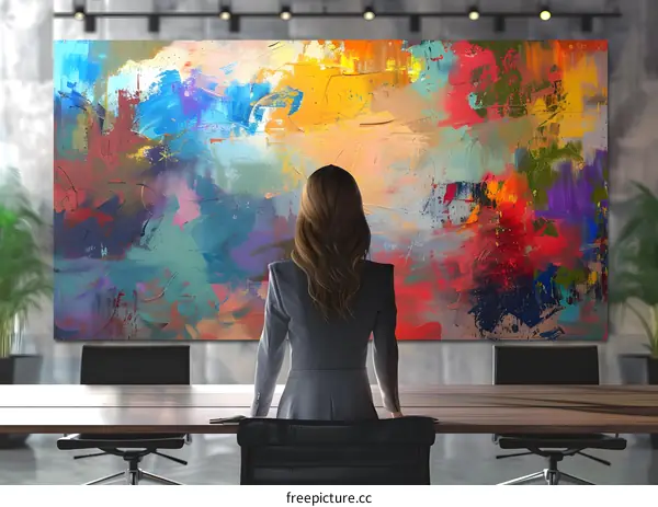 businesswoman looking at an abstract painting