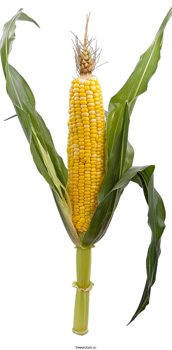 [Transparent Background PNG]Fresh Yellow Corn Cob with Green Husk Isolated on White Background