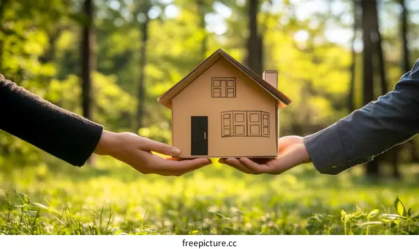 Two Hands Holding a Cardboard House Model in a Natural Setting
