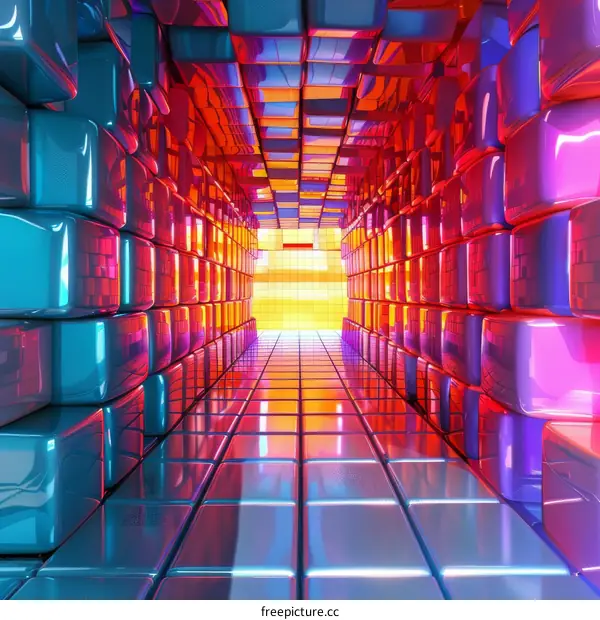 3D rendering of a colorful hallway with glowing cubes
