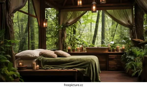 A cozy bedroom in a treehouse with a view of the forest