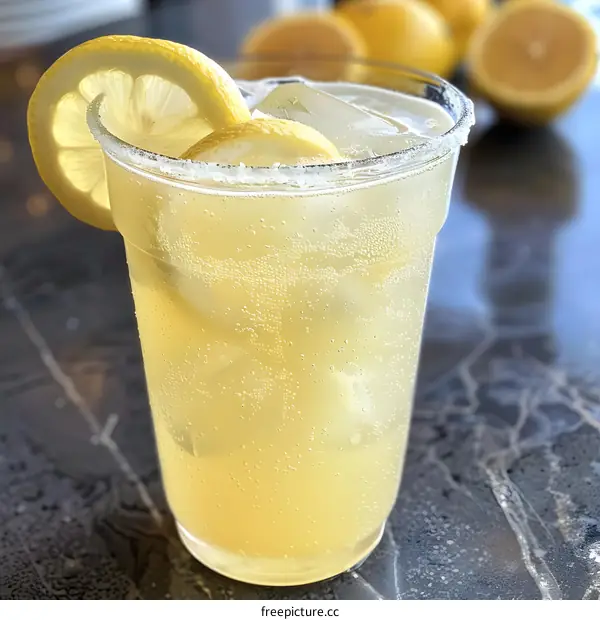 Closeup of Lemon Soda with Ice and Lemon Slices