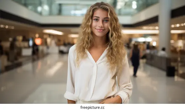 Portrait of a young blonde woman in a white blouse