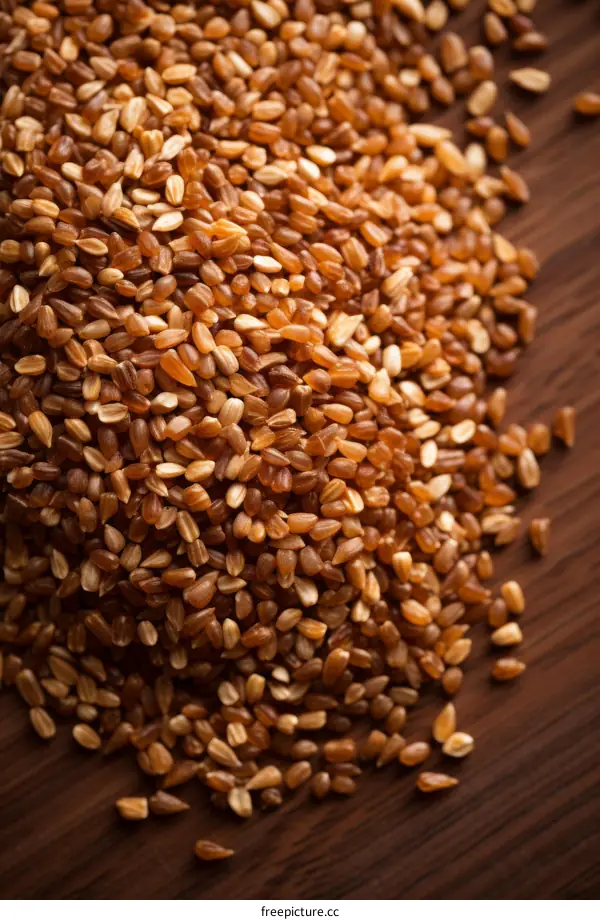 Brown rice grains on a wooden table