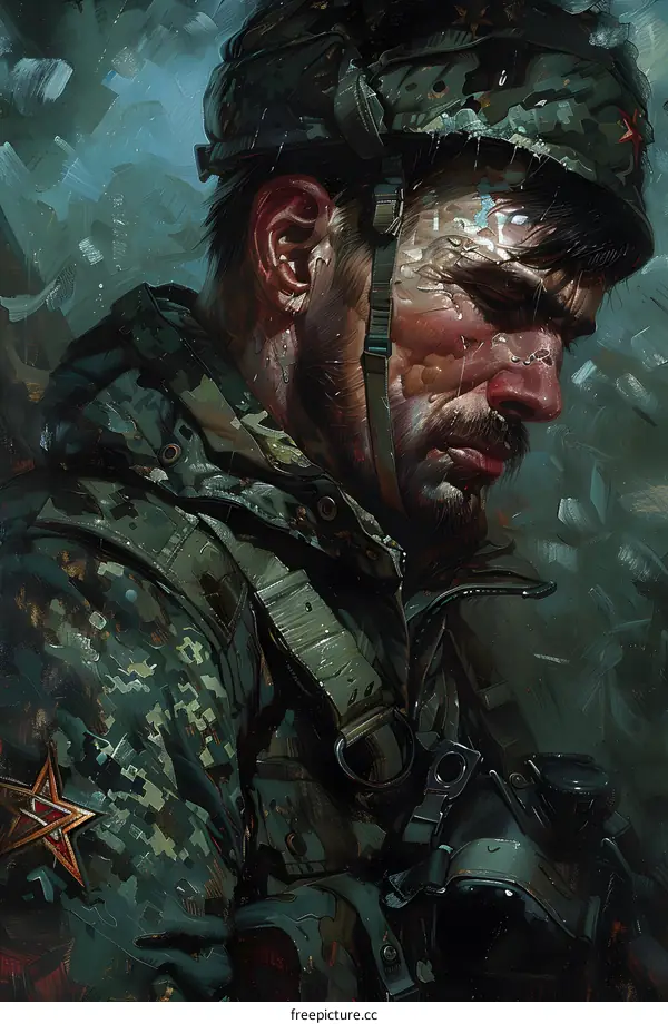 A soldier wearing a camouflage uniform and a helmet is looking down with a sad expression on his face.
