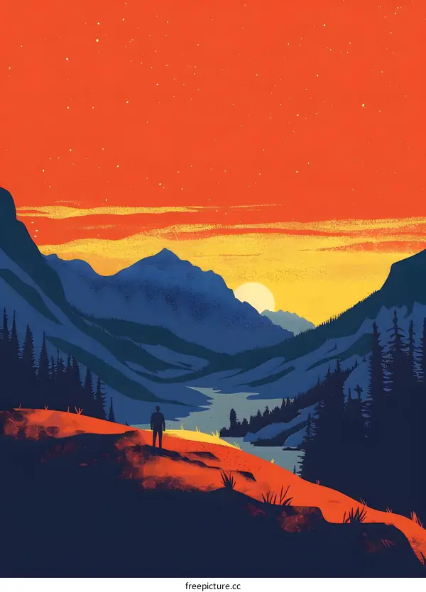 Sunset Mountain Landscape Illustration With Person Silhouette