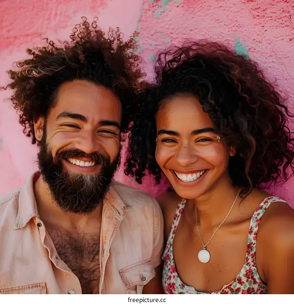 Happy Interracial Couple Posing in Front of Pink Wall