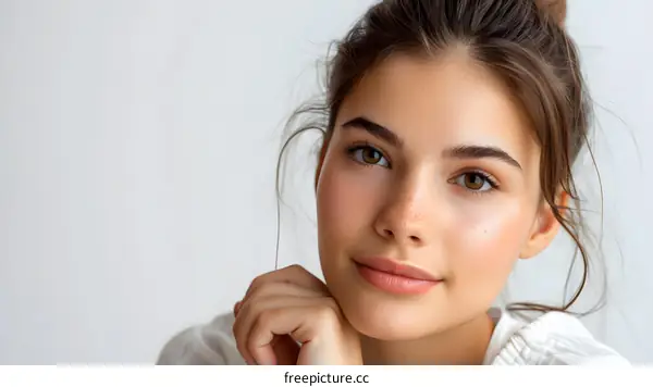 Portrait of Young Woman with Freckles and Brown Hair