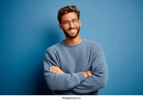 Smiling Man in a Blue Sweater against a Blue Background