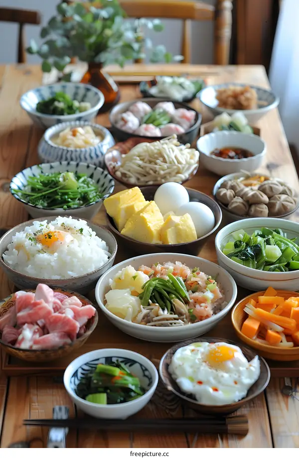 Japanese food spread on wooden table