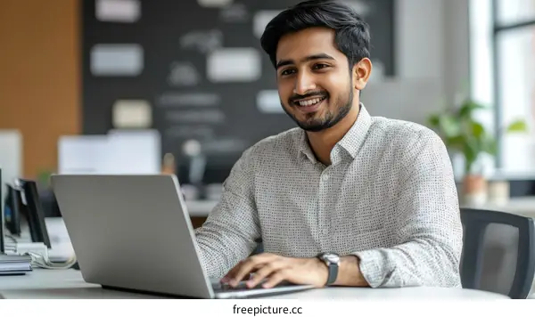 Smiling Person Working on a Laptop in Office