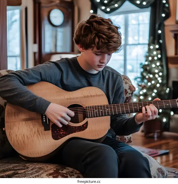 Young Man Playing Acoustic Guitar Inside Home