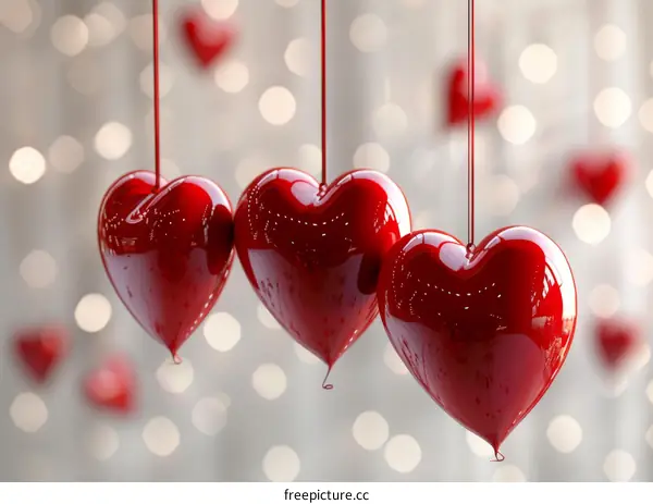 Red Hearts Hanging On Background