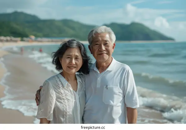 Happy Asian elderly couple on vacation at the beach