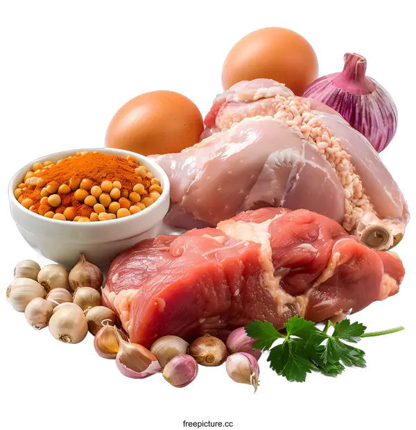 [Transparent Background PNG]Raw Chicken, Beef, Eggs, Garlic and Onion Ingredients for a Meal