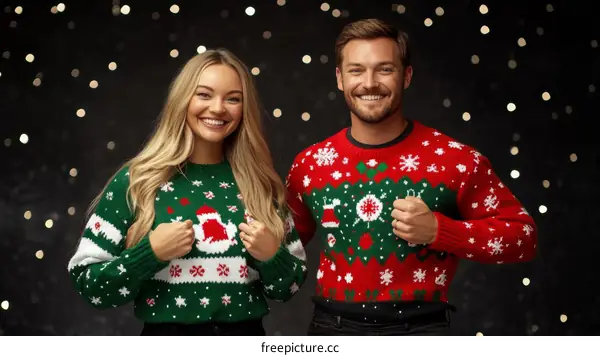 Couple in Christmas Ugly Sweaters