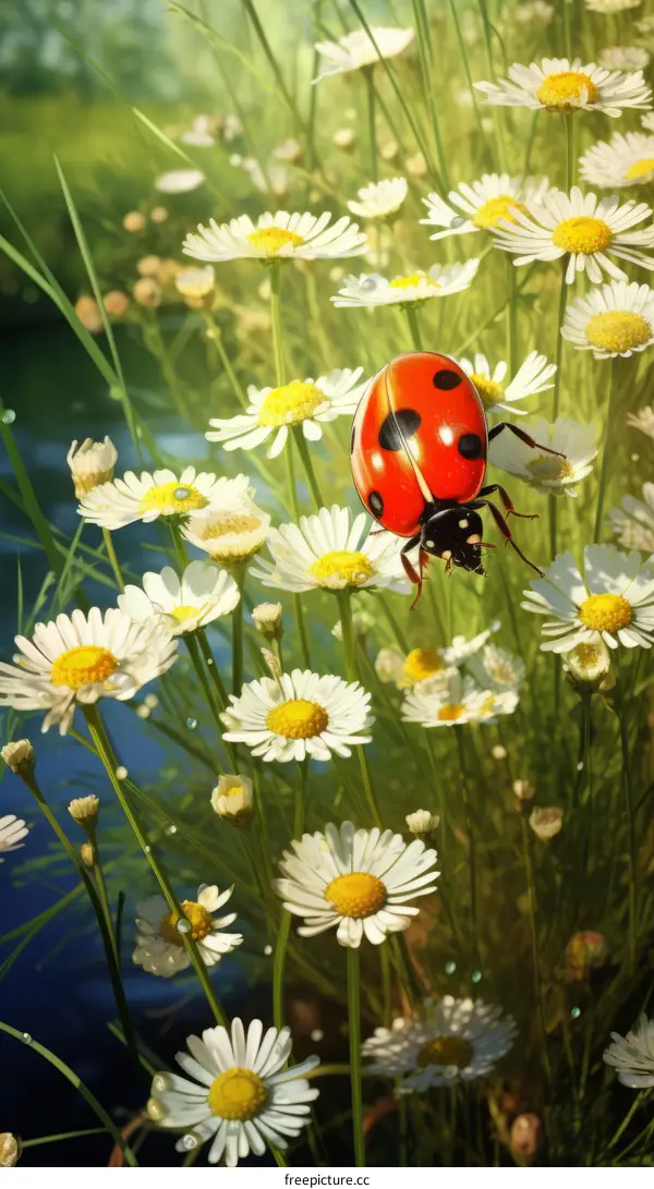 A red ladybug on a field of daisies