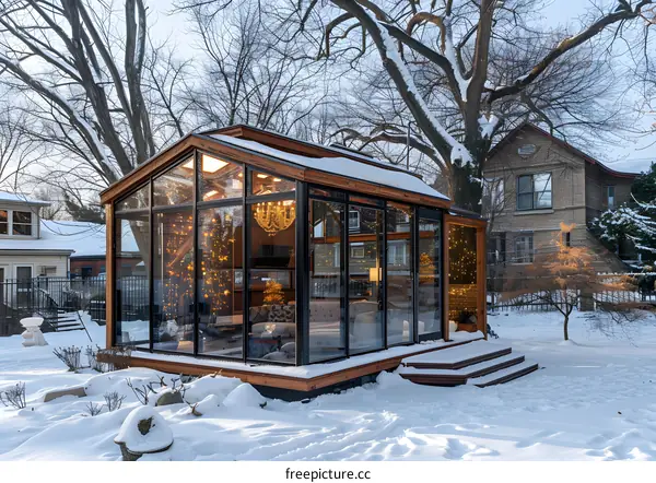 A backyard modern glass house with fairy lights and a fireplace