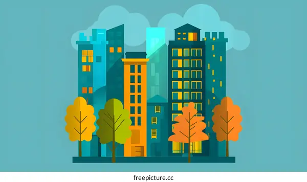 Flat Illustration Cityscape With Colorful Buildings and Trees
