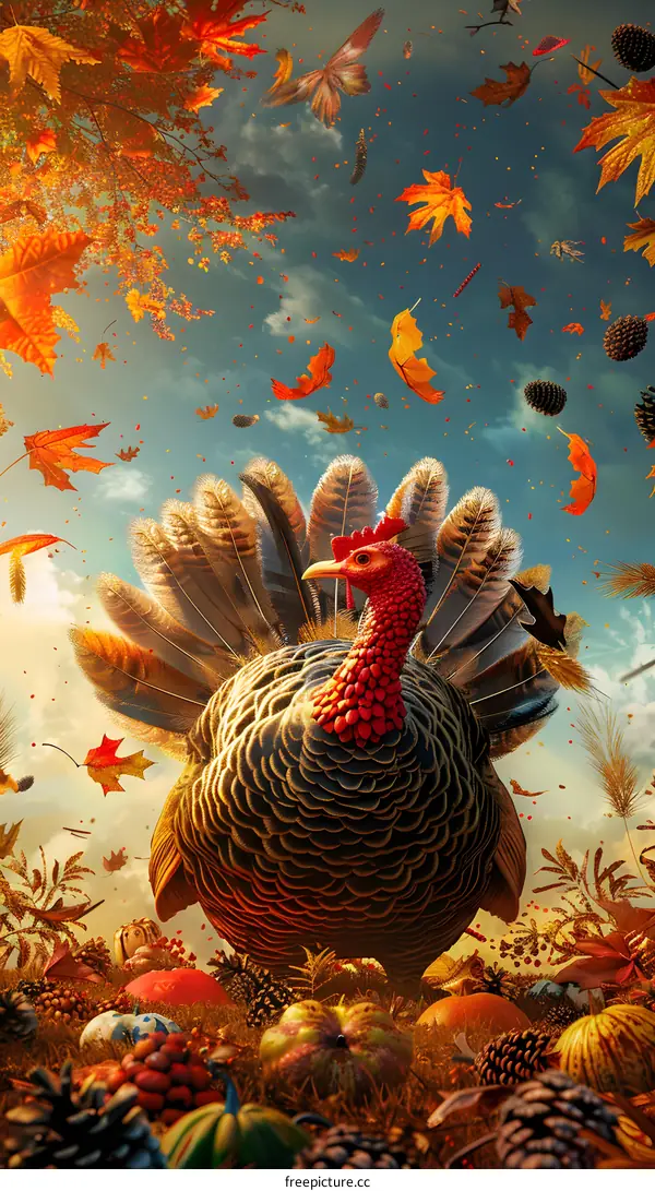 A Thanksgiving turkey surrounded by pumpkins and gourds in a field