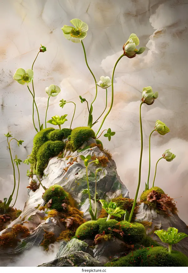 Green Flowers Growing On A Mossy Rock
