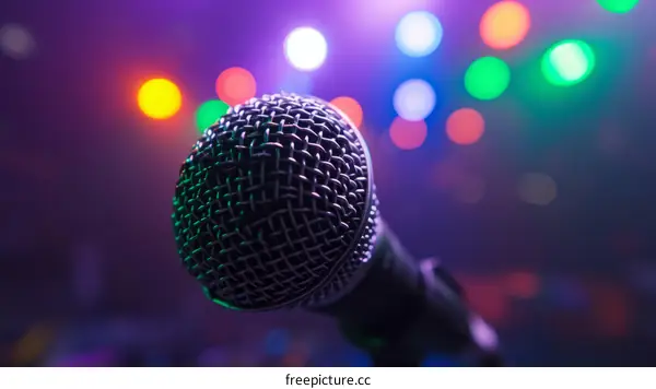 Close-up of a microphone on stage with blurred colorful lights in the background