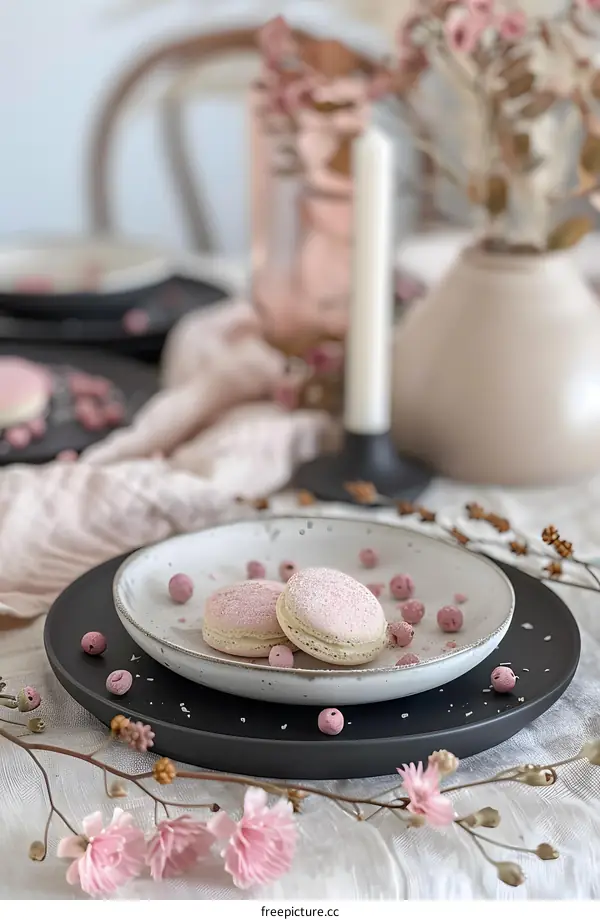 Pink Macarons on White Plate with Flowers
