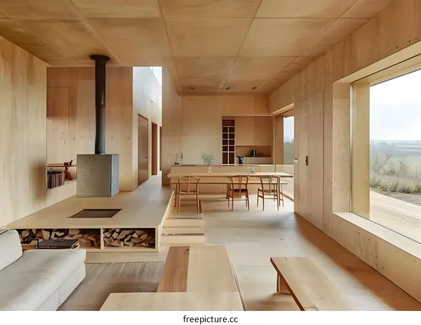 Modern Minimalist Living Room with Large Windows and Wood Flooring