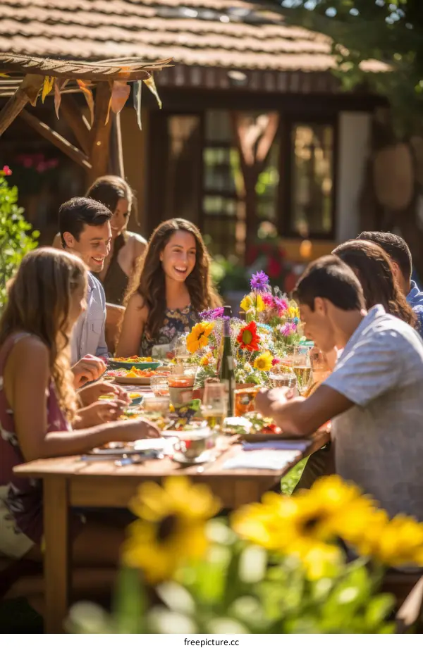 A group of friends are sitting around a table in a garden, eating and drinking and talking happily
